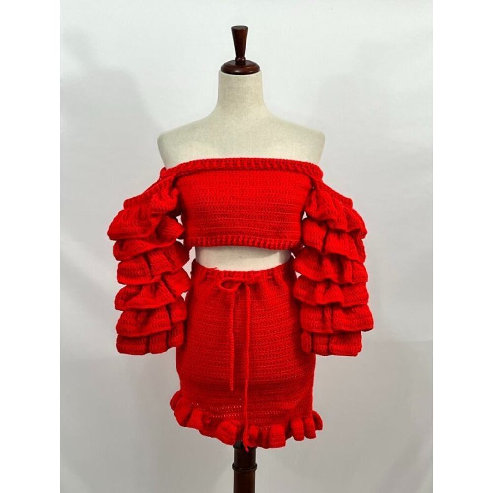 ELEXIAY Sz XS 2pc Skirt Top Set Ruffle Crochet NWT